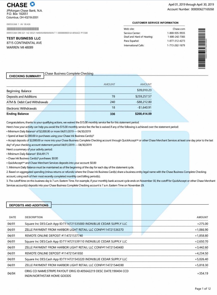 Sample checking statement PDF with a summary table and deposit list